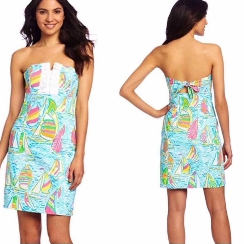 Lilly Pulitzer Franco Dress in You Gotta Regatta Ruffle Back Tie Strapless Dress